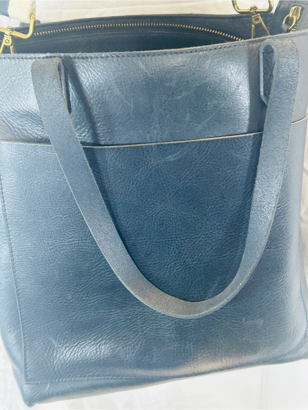 Madewell Deep Teal Leather Tote with Striped Canvas Strap - Picture 8 of 11